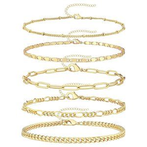 Stackable 14K Gold Plated Link Chain Bracelets Minimalist Layering Set Jewelry